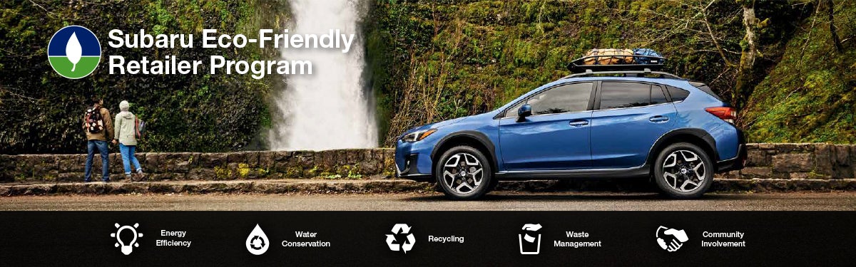 The Subaru Eco-Friendly Retailer Program logo with a blue Subaru and eco icons at bottom. | Flow Subaru in Winston-Salem NC