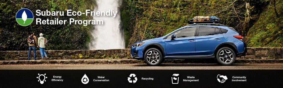 The Subaru Eco-Friendly Retailer Program logo with a blue Subaru and eco icons at bottom. | Flow Subaru in Winston-Salem NC
