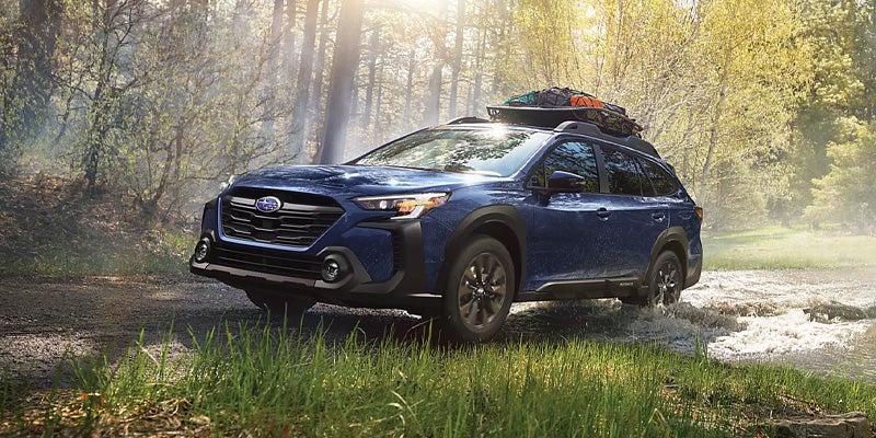 Blue SUV with roof rack driving through shallow water on a dirt trail in a sun-dappled forest.
