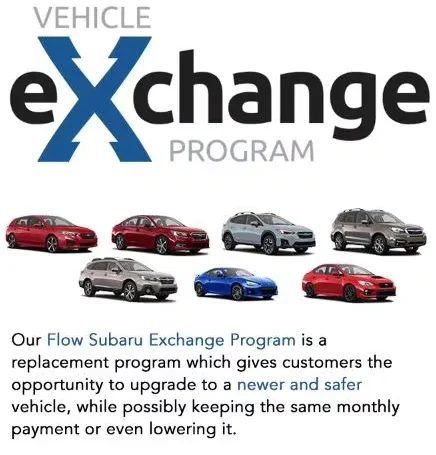 Vehicle eXchange Program logo with a large blue arrow X, above six diverse Subaru vehicles.
